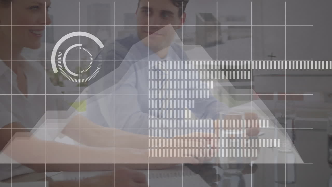 animación de estadísticas y procesamiento de datos financieros durante reuniones de negocios