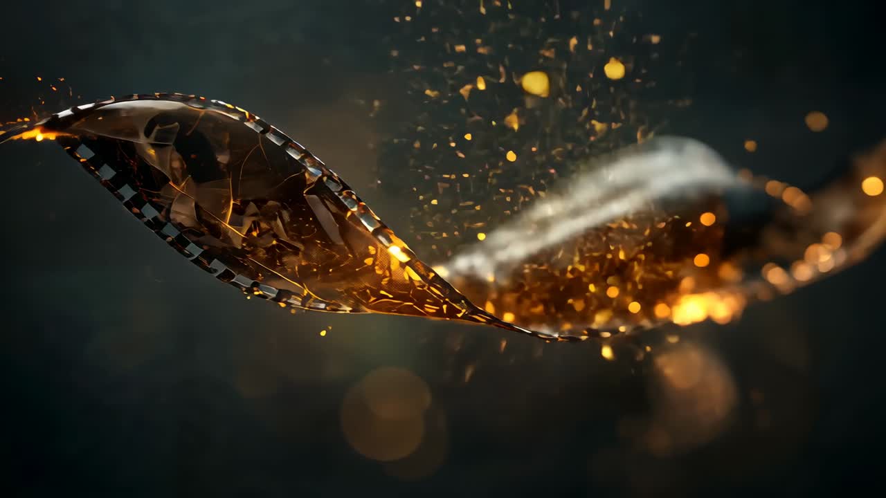 After soft illumination gliding metallic ribbon twisting through dark space with sparks, amber orbs