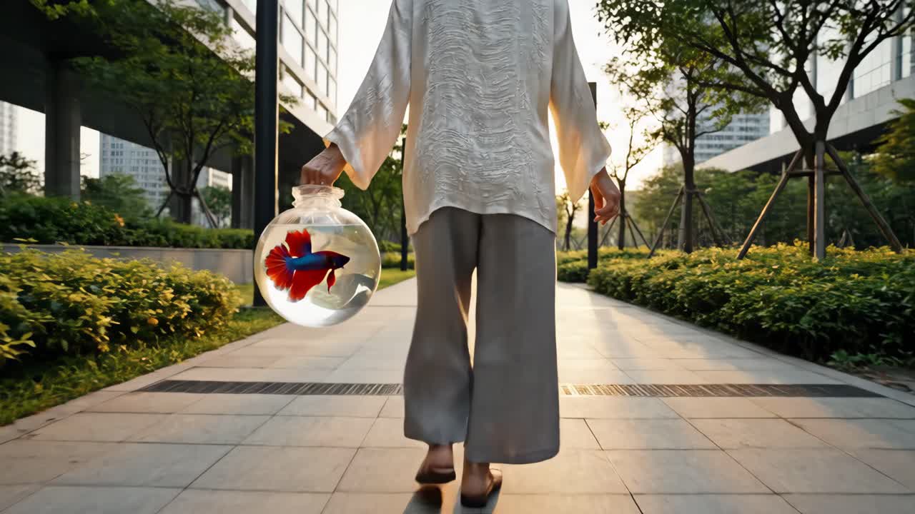 Person walking with a fishbowl