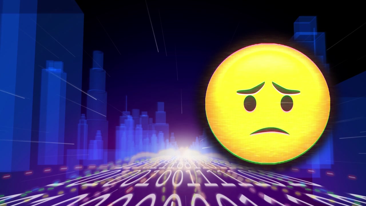 Animazione di icona emoji e codice binario su città digitale