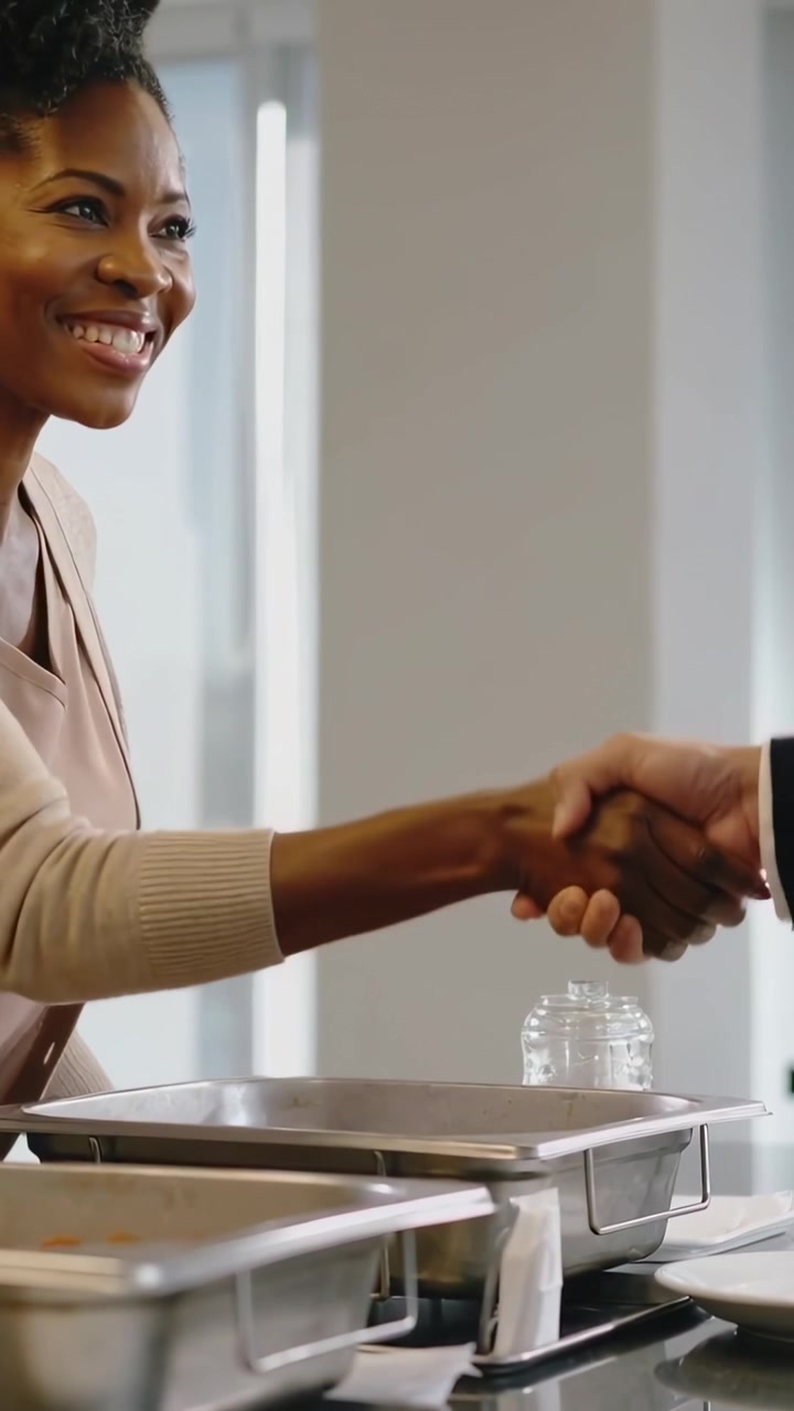 Video verticale: Mano tesa, donna in maglia beige che stringe la mano per salutare l'ospite al buffet, carrellate
