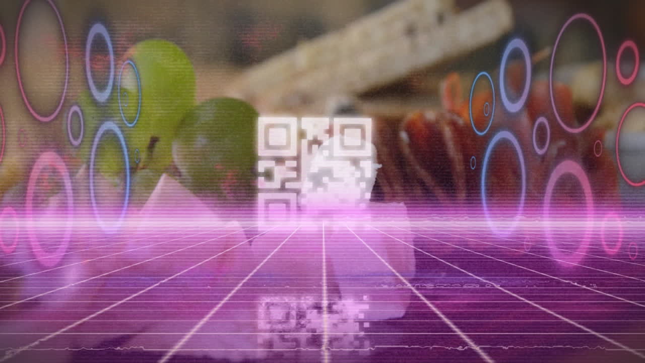 animación de formas y código qr sobre la comida en la mesa.