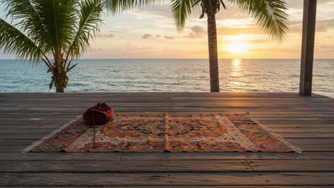 serene sunset over the ocean: a cozy outdoor retreat with a beautifully laid rug and tropical palm trees framing the tranquil scene