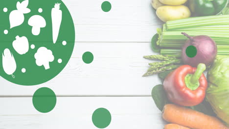 animación de formas vegetales en blanco en círculo verde, sobre verduras frescas en tableros blancos