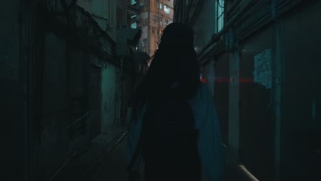 a cinematic shot of a girl walking confidently in a small dark eerie and dirty street during the night in a big city