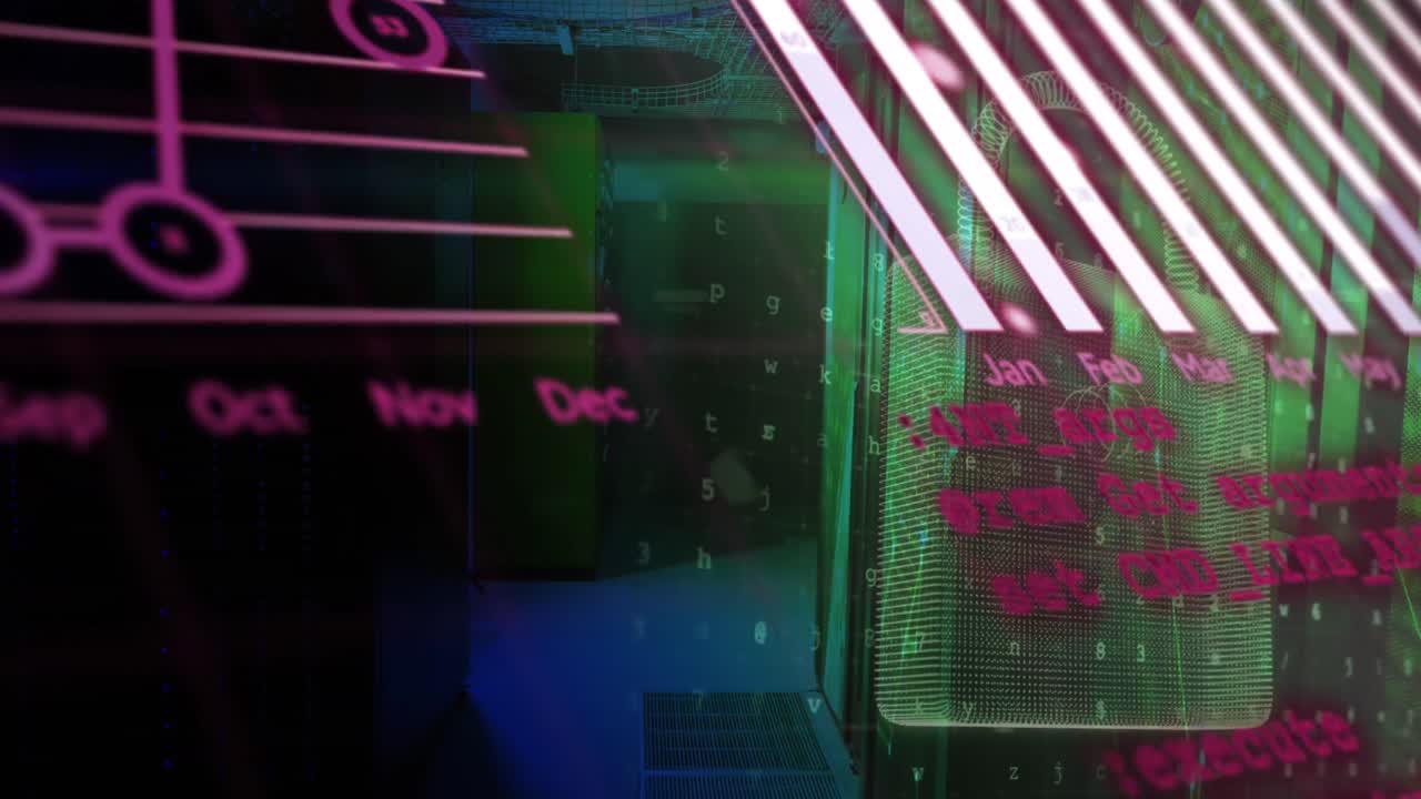 Animation of globe, graphs, computer language, padlock, letters, symbols, numbers over server room