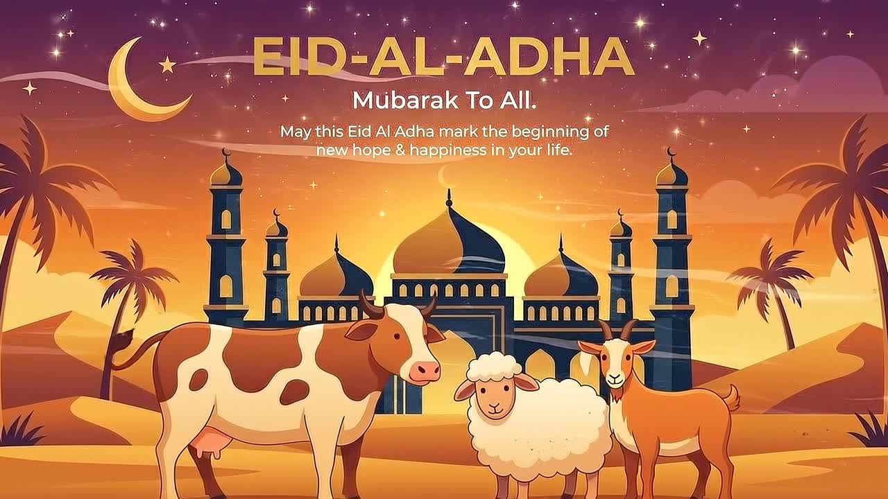 Animazione banner Eid al-Adha con moschea nel deserto, mucca, pecore e capra sotto un cielo al tramonto con luna crescente.