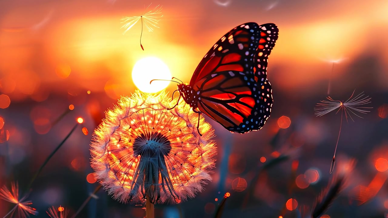 Farfalla monarca che riposa su un fiore di tarassaco durante un tramonto vibrante. Immagine macro di una farfalla monarca su un soffione di tarassaco con semi fluttuanti contro uno sfondo di tramonto luminoso.