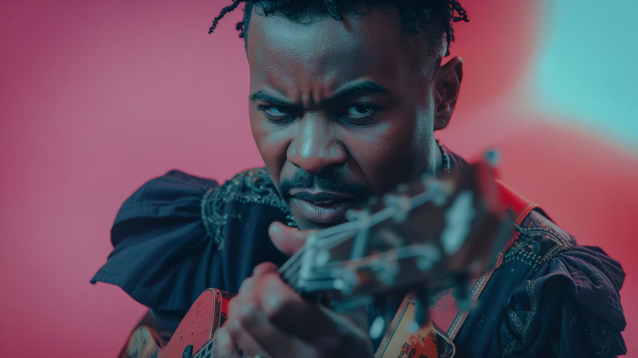 Pausing to find chord shape, musician fingerpicking guitar with pink teal backlighting in studio