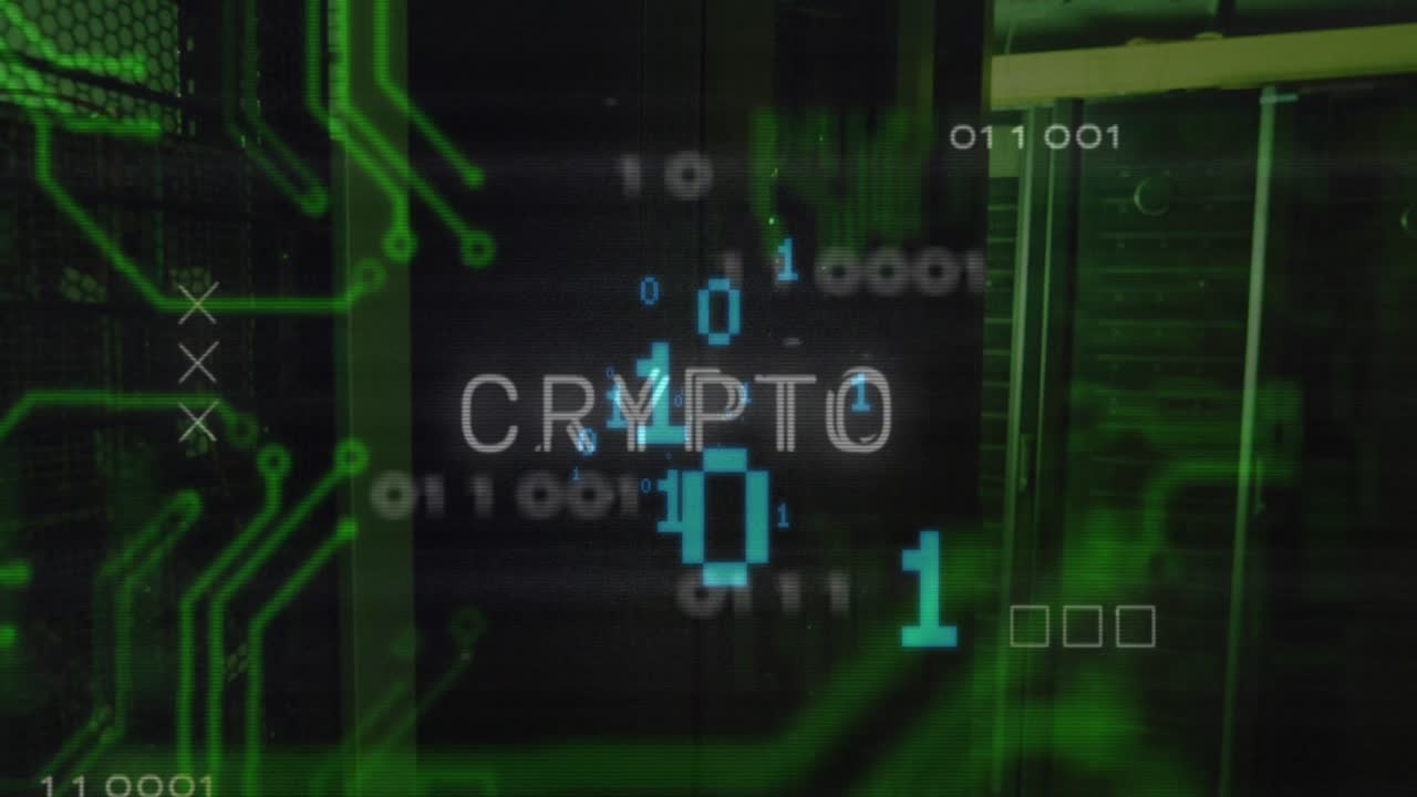 Animation of crypto text and data processing over server room