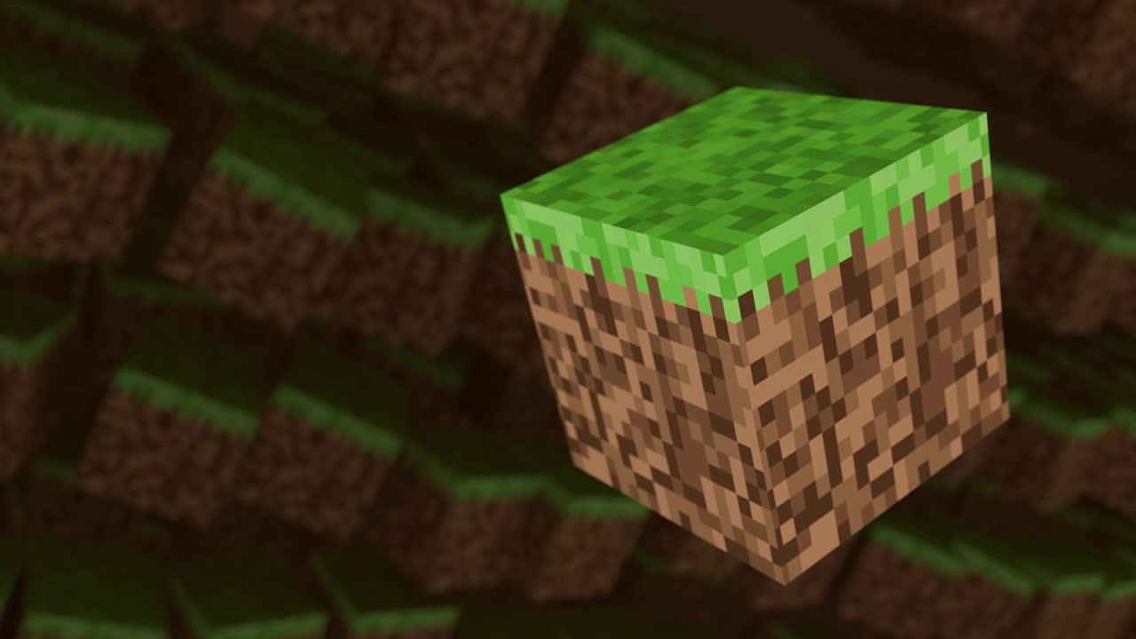 juego de video patrón de ondas de mosaico geométrico. construcción de paisajes de colinas utilizando bloques de hierba marrón y verde. estilo minecraft. rotación, efecto paralaje. bucle de animación 3d de 4k