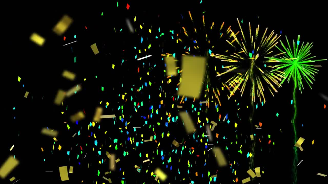 animación de confeti multicolor y fuegos artificiales que explotan en negro