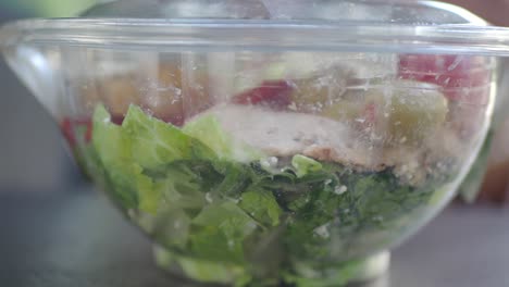 ensalada de pollo césar en un recipiente de plástico transparente