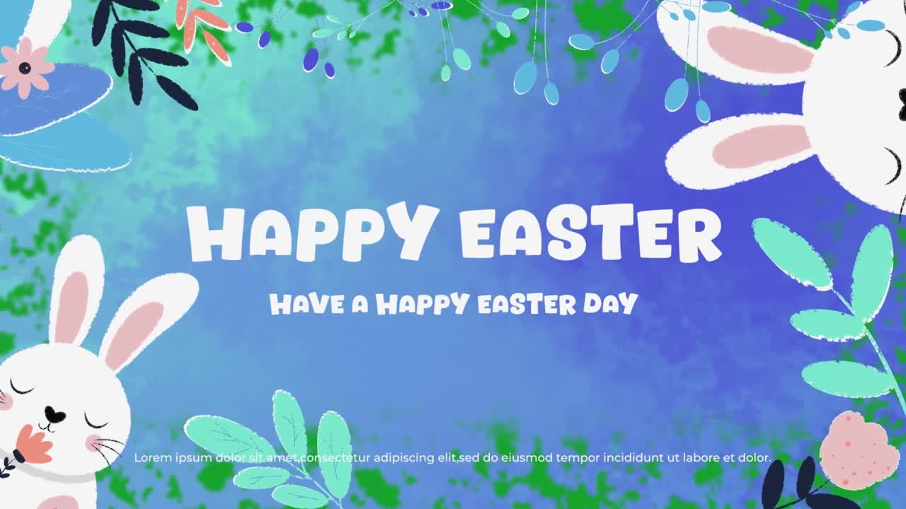 Augurio animato di Buona Pasqua con coniglietti pasquali e cornice floreale