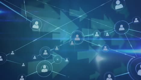 animation of network of profile icons and arrow icons over light trails against blue background