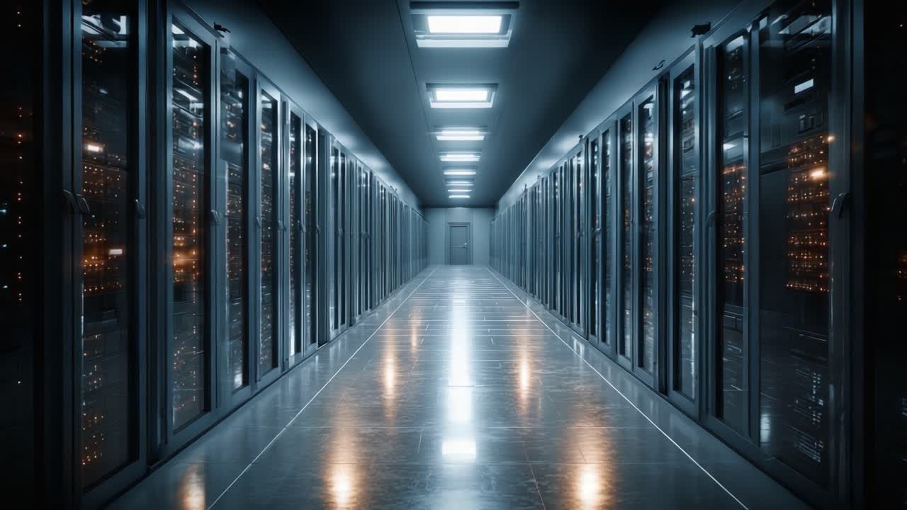 A Stunning View of a Modern Data Center Corridor, Highlighting High-Tech Server Racks and an Impressive Array of Bright LED Lighting in a Sleek Environment
