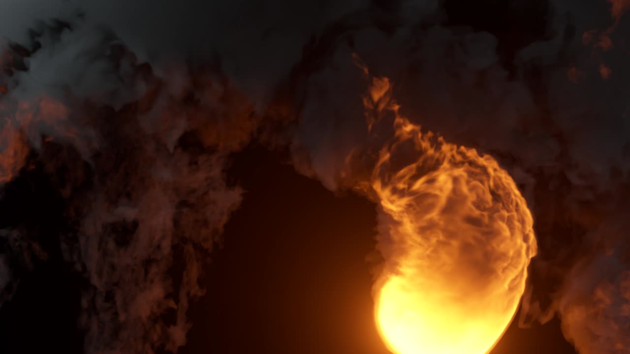 두꺼운 연기 구름과 밝은 불꽃으로 인 공간에서 격렬한 불구.