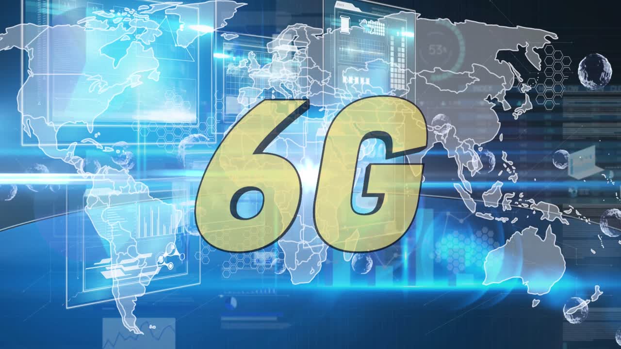 animación de texto de 6g sobre interfaz con procesamiento de datos contra fondo azul.
