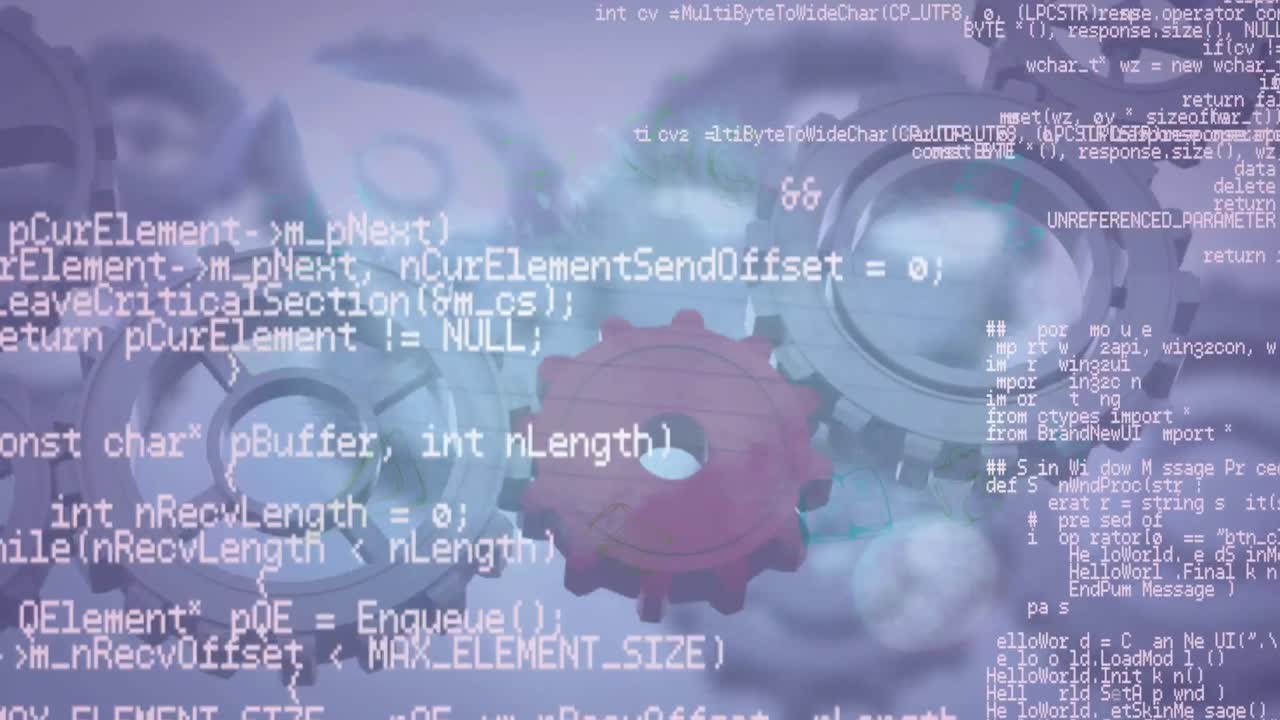 파란색 배경 위의 디지털 데이터 처리 및 qears의 애니메이션