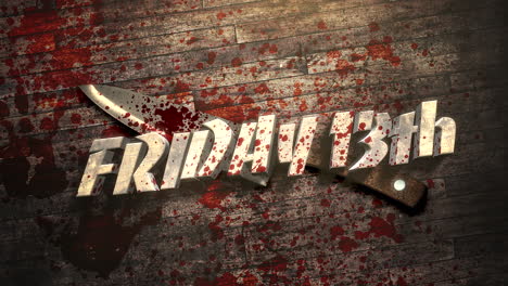 texto de animación viernes 13 sobre fondo de horror místico con sangre oscura y cuchillo en madera