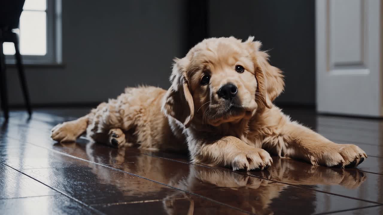 A heartwarming video of a playful puppy on a shiny wooden floor, capturing its curious gaze