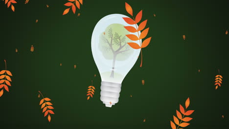 animation of leaves floating over bulb with tree on green background