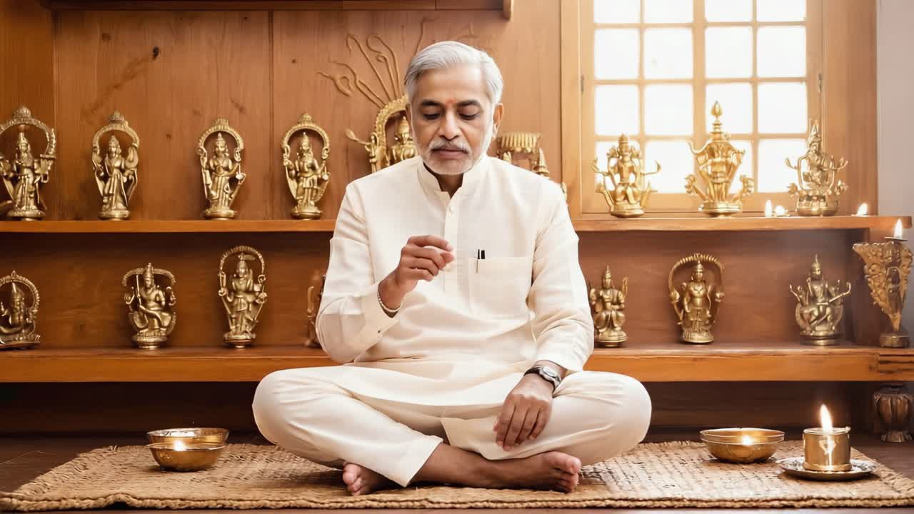 Indian mature guru meditating in lotus position in a traditional room full of hindu golden statues of deities, with oil lamps and candles, on a wooden floor covered by a natural mat