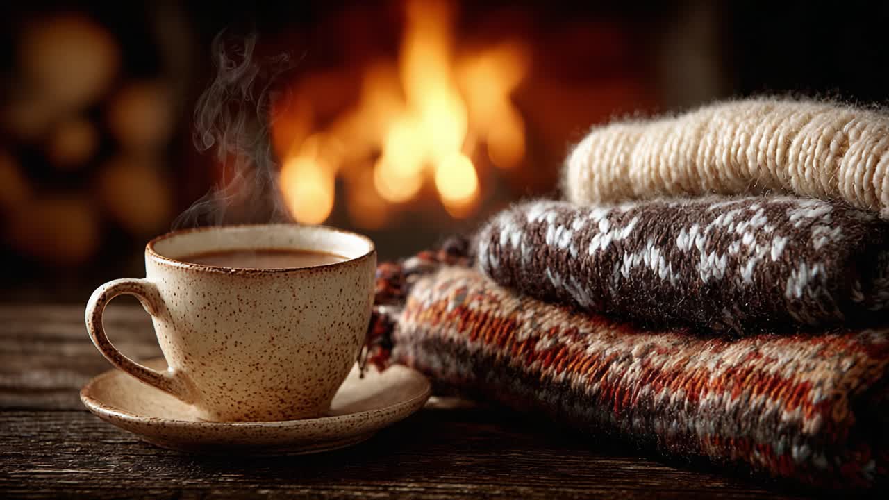 A Cozy Winter Scene Featuring a Warm Cup of Tea Nestled Among Soft, Cozy Sweaters, with a Softly Glowing Fireplace in the Background for Ultimate Comfort and Relaxation