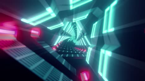 volando a través de triángulos de neón rotativos metálicos brillantes que crean un túnel, espectro azul rojo rosa violeta, luz ultravioleta fluorescente, iluminación moderna de colores, animación de bucle sin costuras de 4k