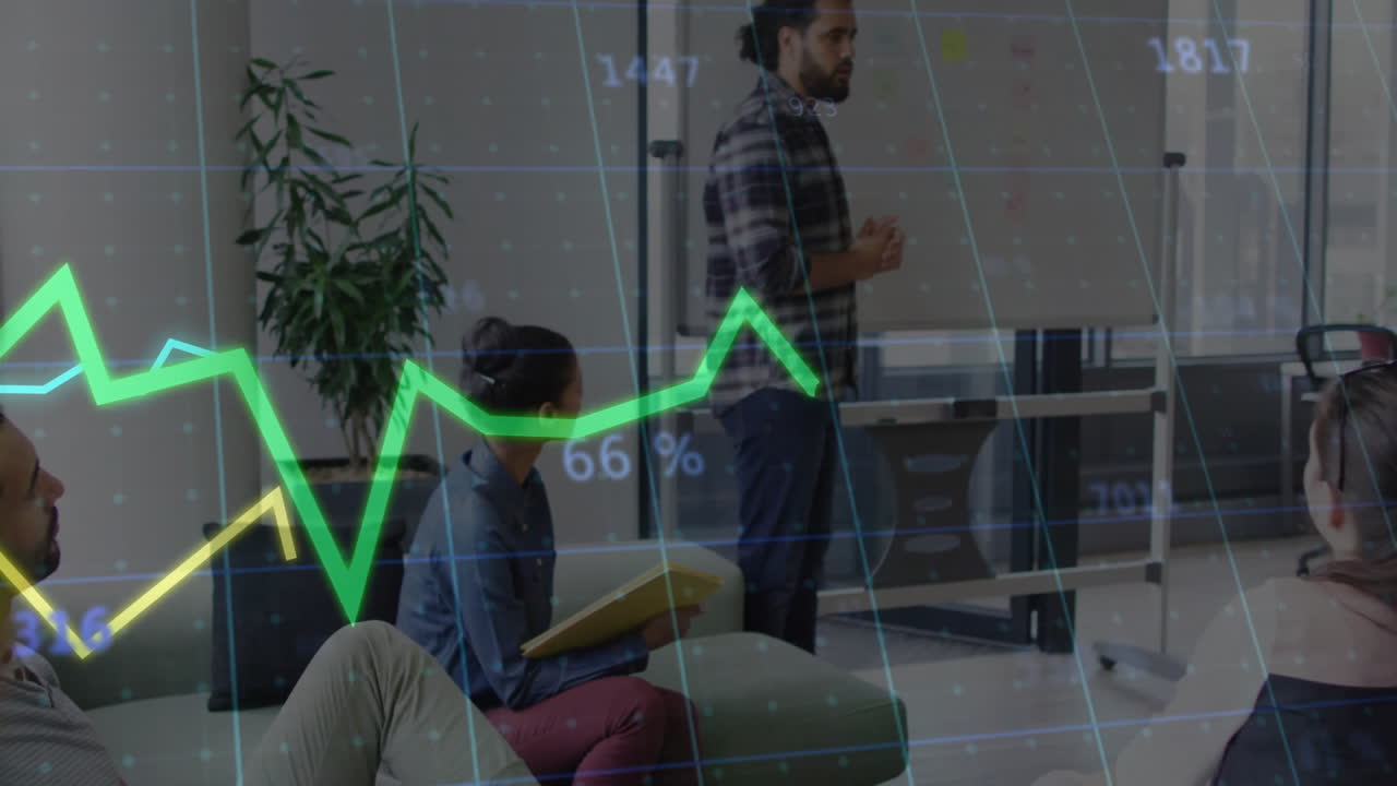Man presenting business data on mobile whiteboard, with digital green yellow line graphs overlaying
