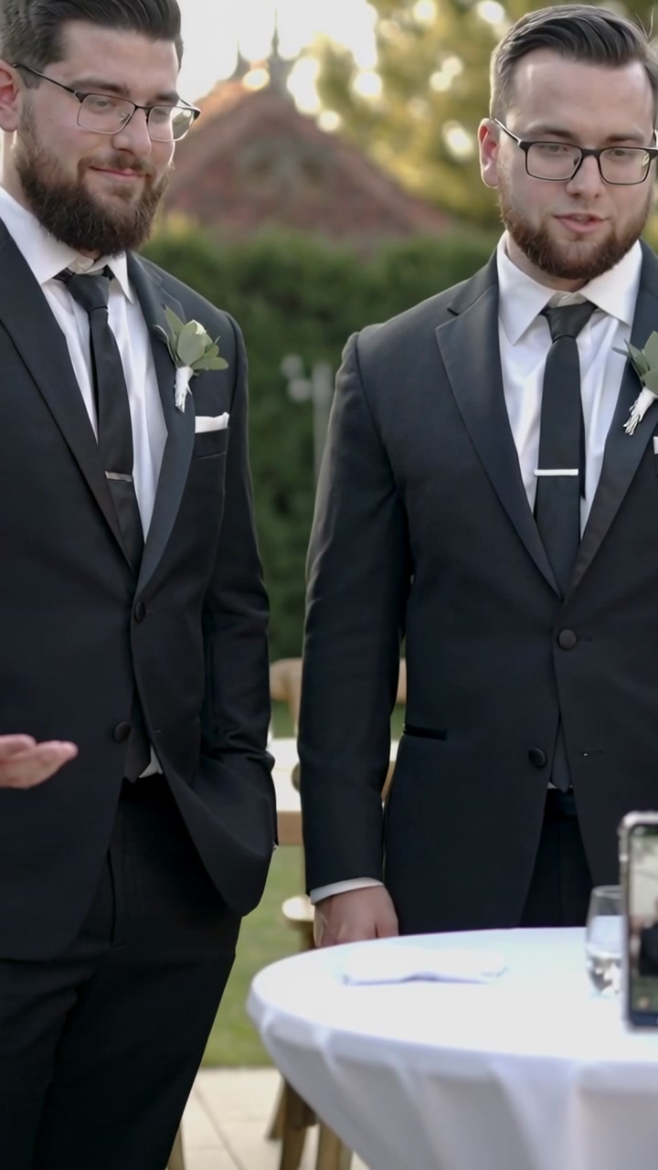 Two groomsmen posing at wedding high-top table, watching smartphone showing live view and smiling