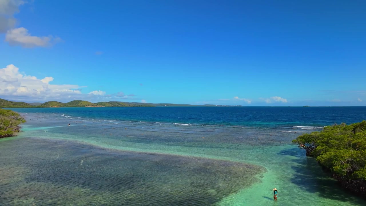 Una ripresa aerea con drone dall'alto che riprende una ragazza in bikini che si rilassa su un'isola incontaminata di Porto Rico