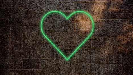 Animation-of-glowing-neon-heart-icon-on-brick-wall