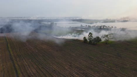 aerial reversing footage of a farmland burning in pak pli, nakhon nayok, thailand