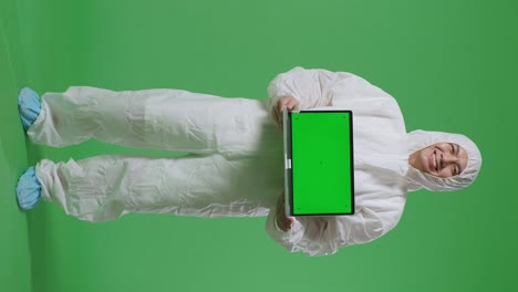 cuerpo lleno de científico masculino asiático sonriendo y mostrando portátil de pantalla verde mientras está de pie en el fondo de la pantalla verde