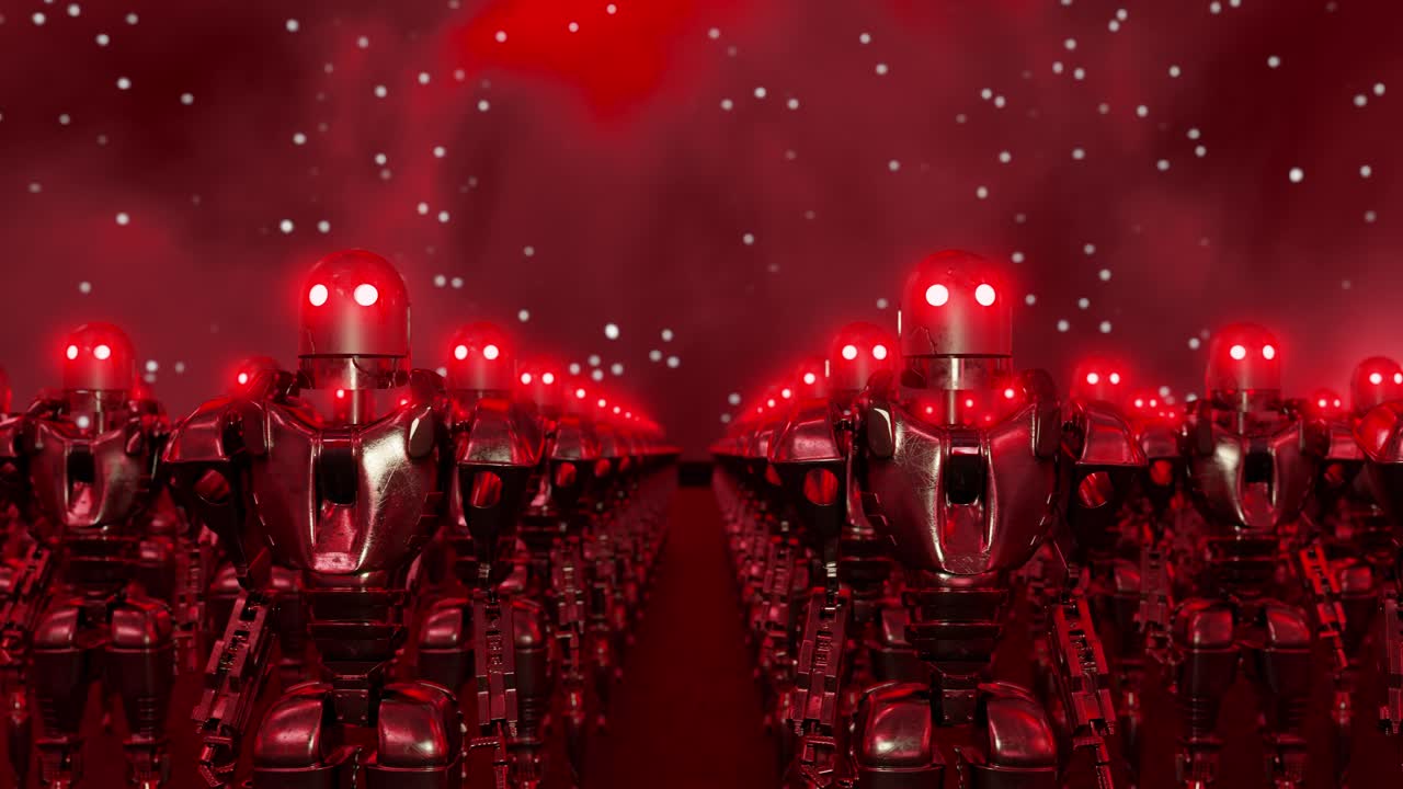 Crowd of robots with red eyes standing under night sky. Robots have turned against humans