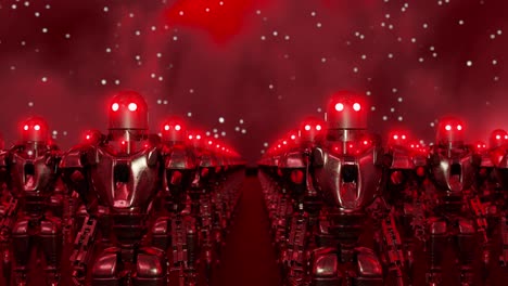 crowd of robots with red eyes standing under night sky. robots have turned against humans