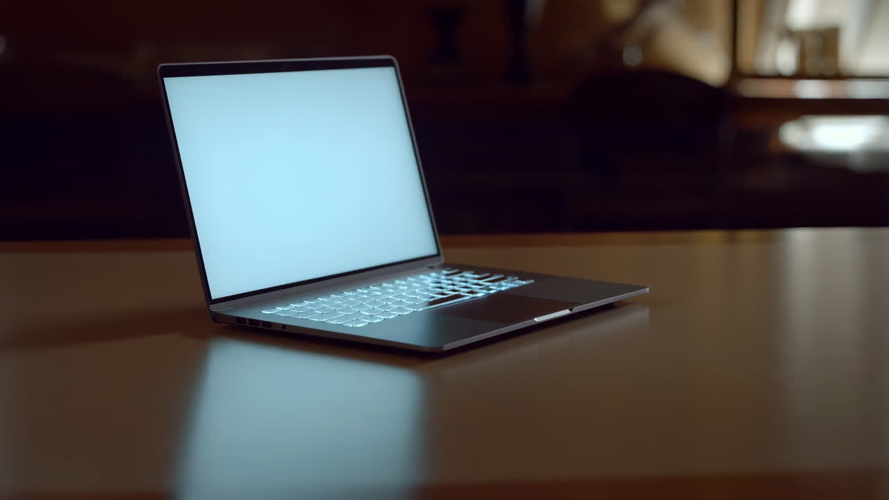 Laptop on a wooden desk with a glowing keyboard and blank screen