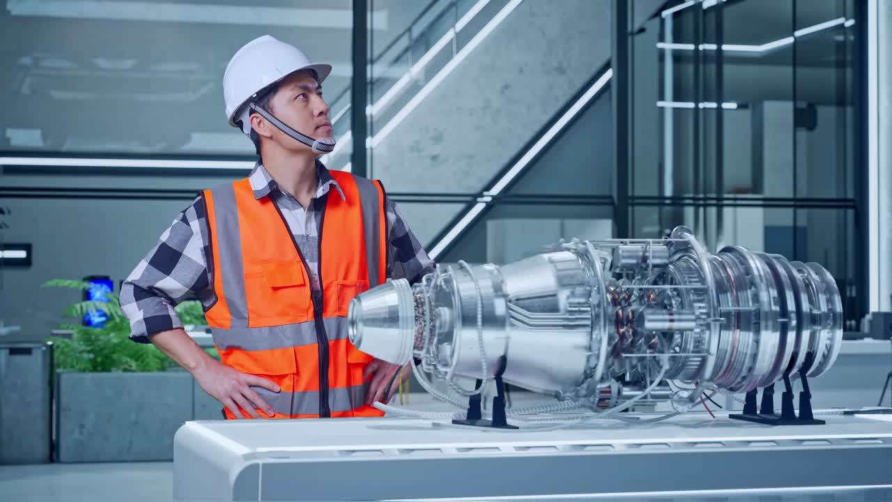 ingegnere che esamina il prototipo del motore a reazione