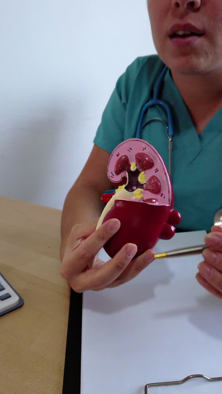 A woman is holding a model of a kidney and writing on a clipboard