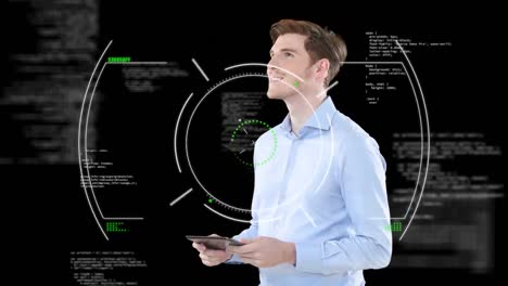 Animation-of-scope-scanning-and-data-processing-over-smiling-businessman