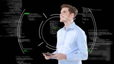 animación de escaneo de alcance y procesamiento de datos sobre el hombre de negocios sonriente