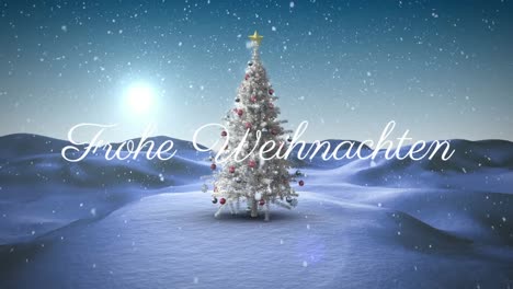 Texto-De-Feliz-Navidad-Y-Nieve-Cayendo-Contra-El-árbol-De-Navidad-En-El-Paisaje-Invernal