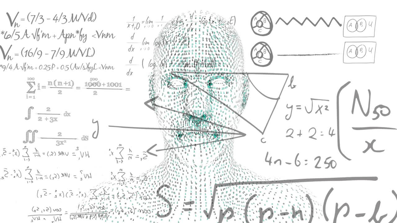 ⁇ 색 배경에 수학적 방정식에 대한 디지털 인간의 애니메이션