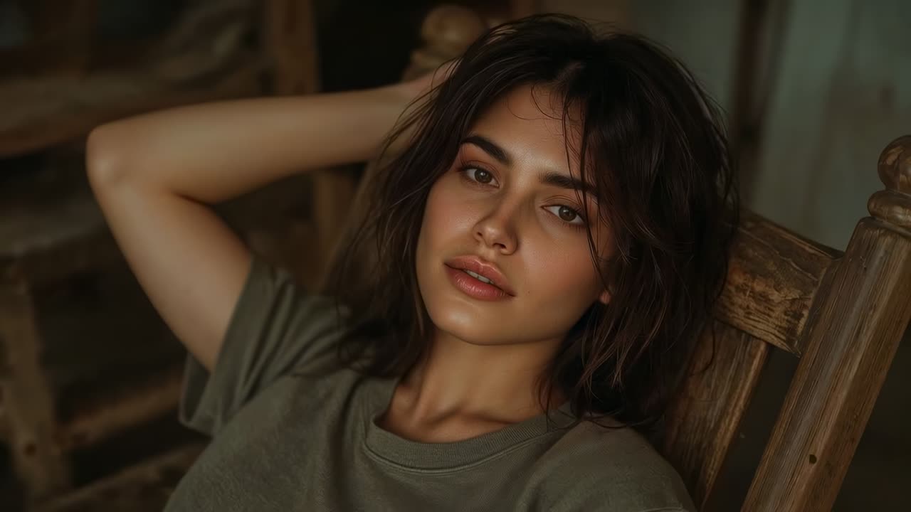 Donna in camicia grigia seduta su una sedia in una stanza rustica, che reagisce a un suggerimento fuori campo, cambiando sguardo
