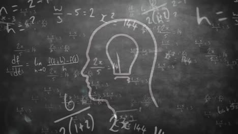 animation of bulb in a human model sketch and mathematical equations against grey background