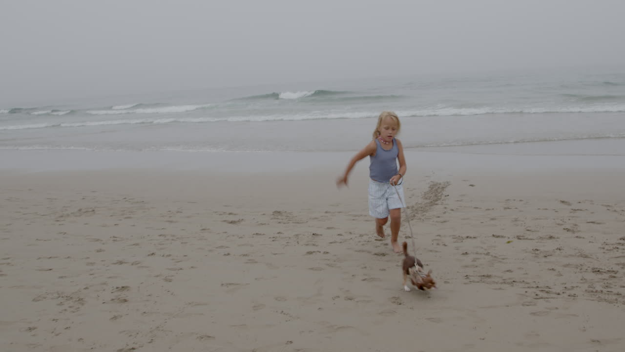 강아지와 함께 해변에서 달리는 아이