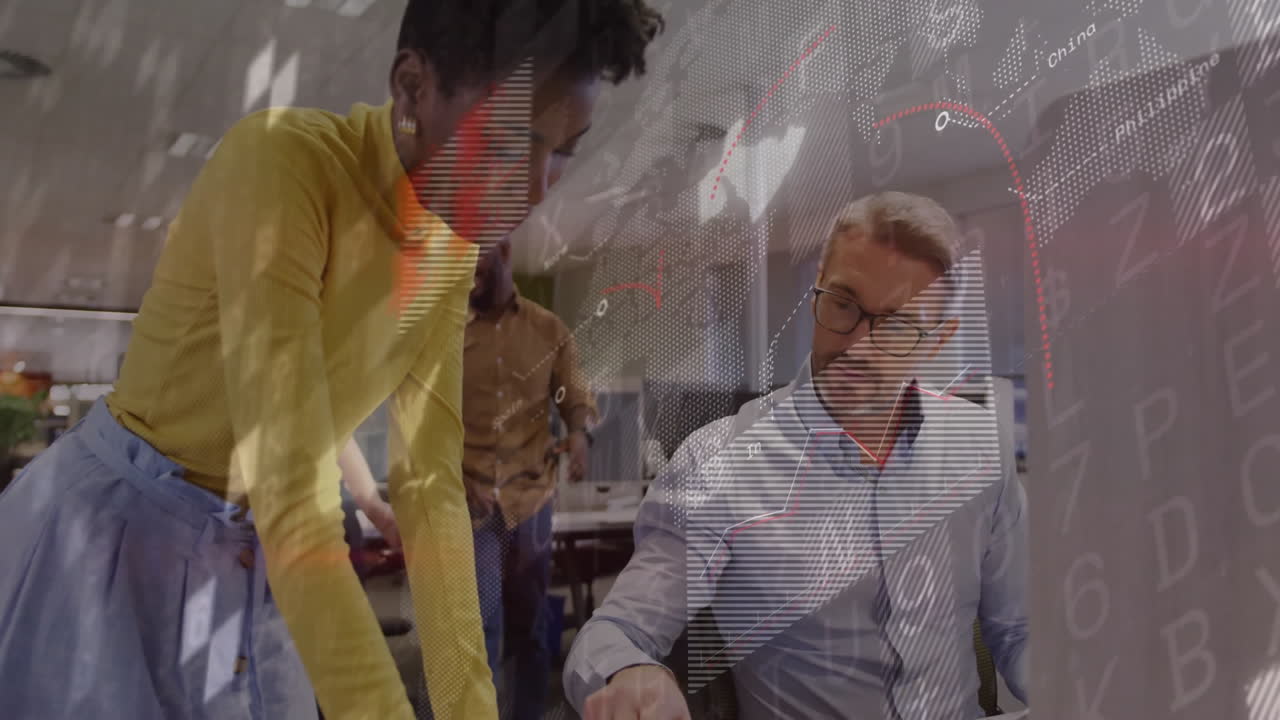 Business team collaborating at office with data processing animation overlay