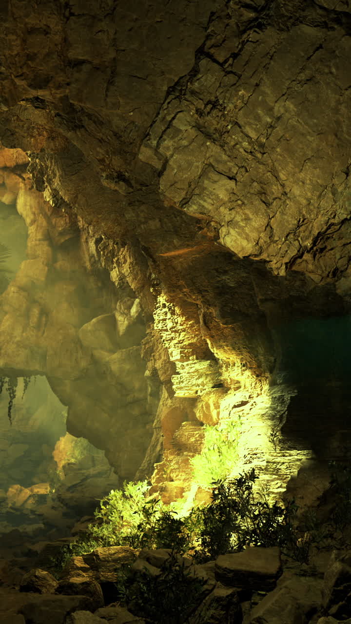Grotta naturale con formazioni rocciose e piante vicino all'acqua in un ambiente buio.