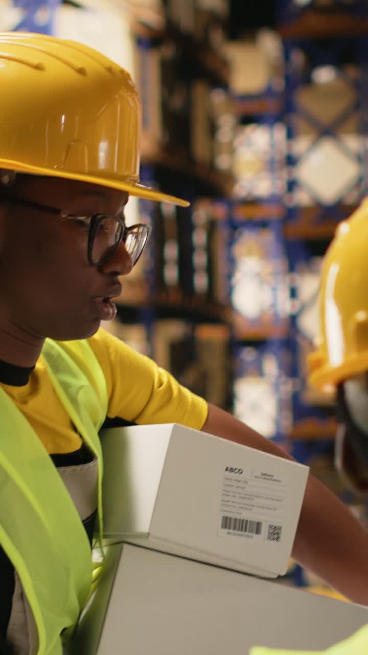 Vertical Video African american workers ensures parcel status on a package tracking software